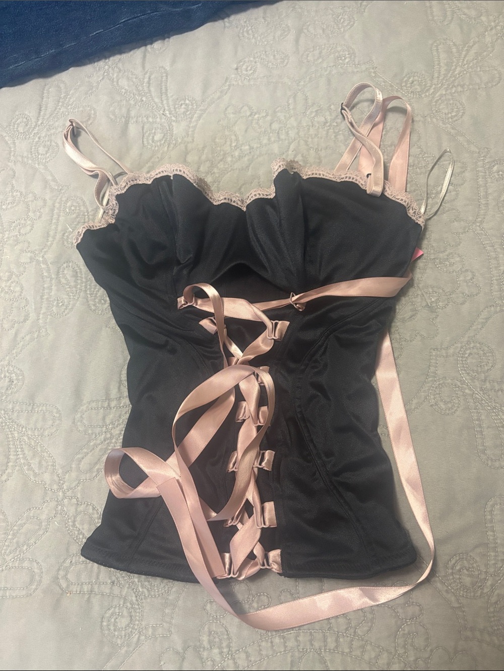 VS Black and Pink Lace-Trim Corset Top - Women Intimates